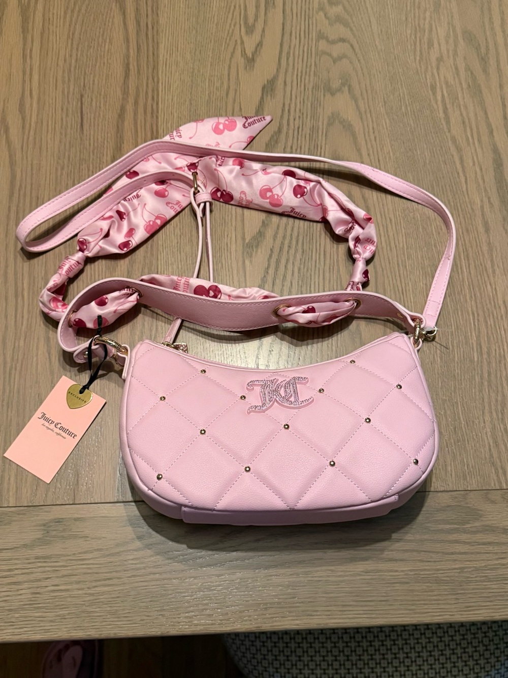 Juicy Couture Pink Quilted Crossbody with Cherry-Print Scarf Strap